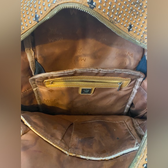 ๐MCM Cognac Silver & Gold Studded Medium Backpack *Used* M1976 See Photos - Picture 14 of 16
